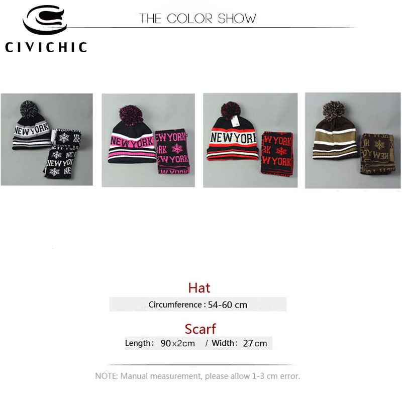 CIVICHIC Unisex Warm Faux Wool Knit Hat Scarf Set Man/woman Christmas Gift Cap New York Print Thicken Headwear Neck Shawl SH108