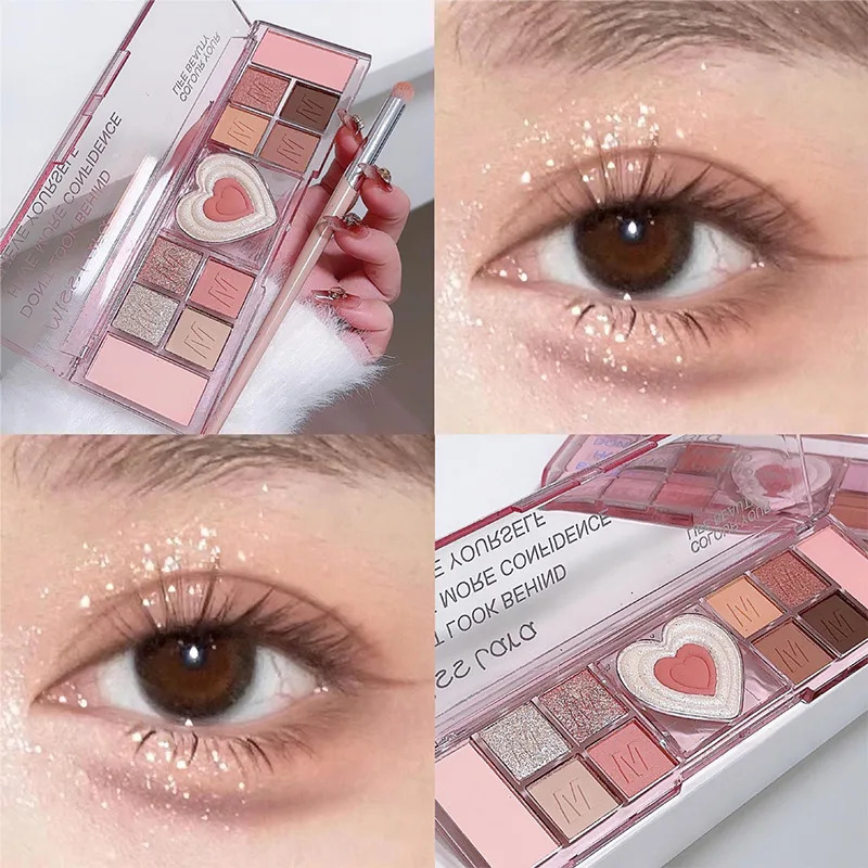 Love Heart Pink Eyeshadow 12 Colors Natural Glitter Pink Low Saturation Delicate Eye Makeup Cosmetic Waterproof Sweat Proof 240624