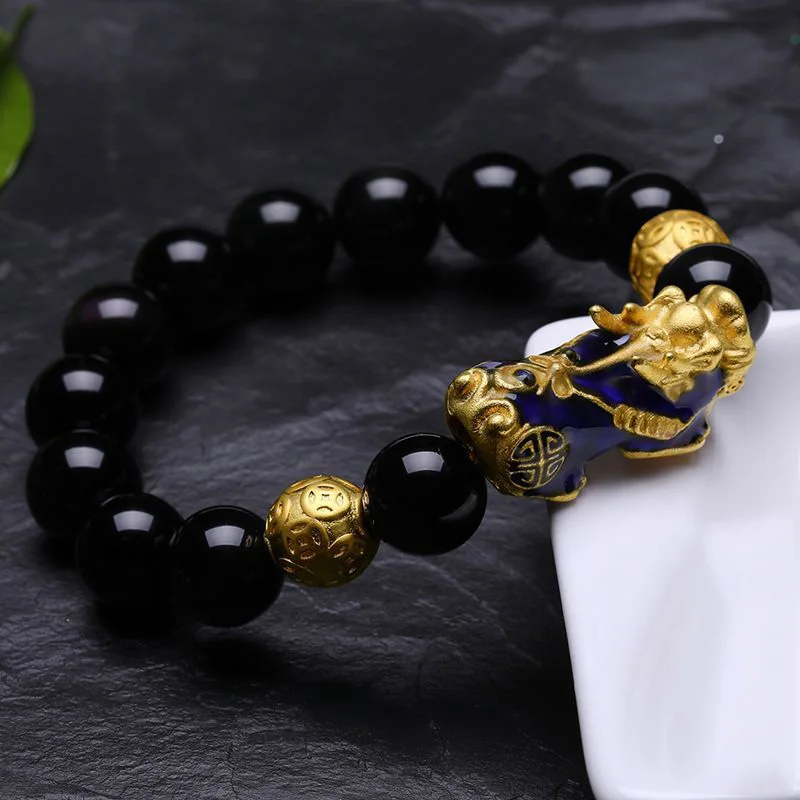 Natural Yellow Tiger Eye Black Onyx Beads Bracelet With Temperature Change Color Lucky Pixiu Brave Troops Fengshui Jewelry
