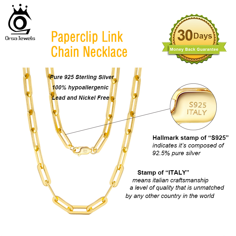 ORSA JEWELS 6mm 9mm 12mm Sizes Paperclip Link Chain Necklace 925 Sterling Silver 14k Gold Chain Man Woman Necklaces as Gift SC39