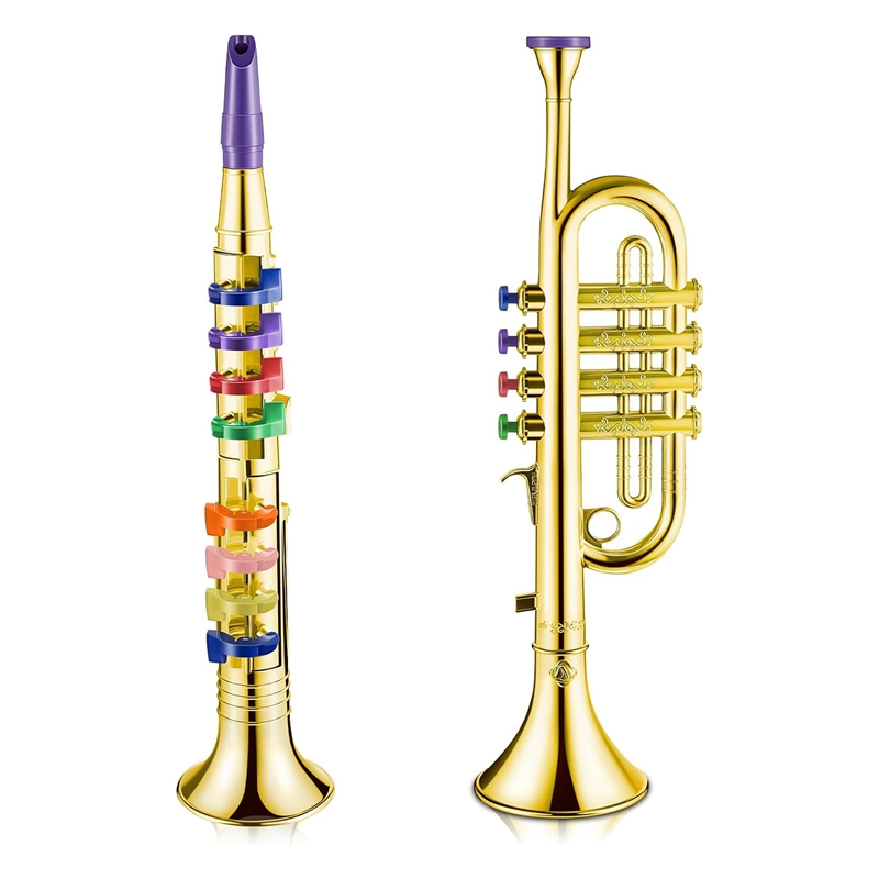 Set Of 2 Music Instruments Trumpet And Saxophone Portable Clarinet With Colored Keys Educational Toy Kit For Home School