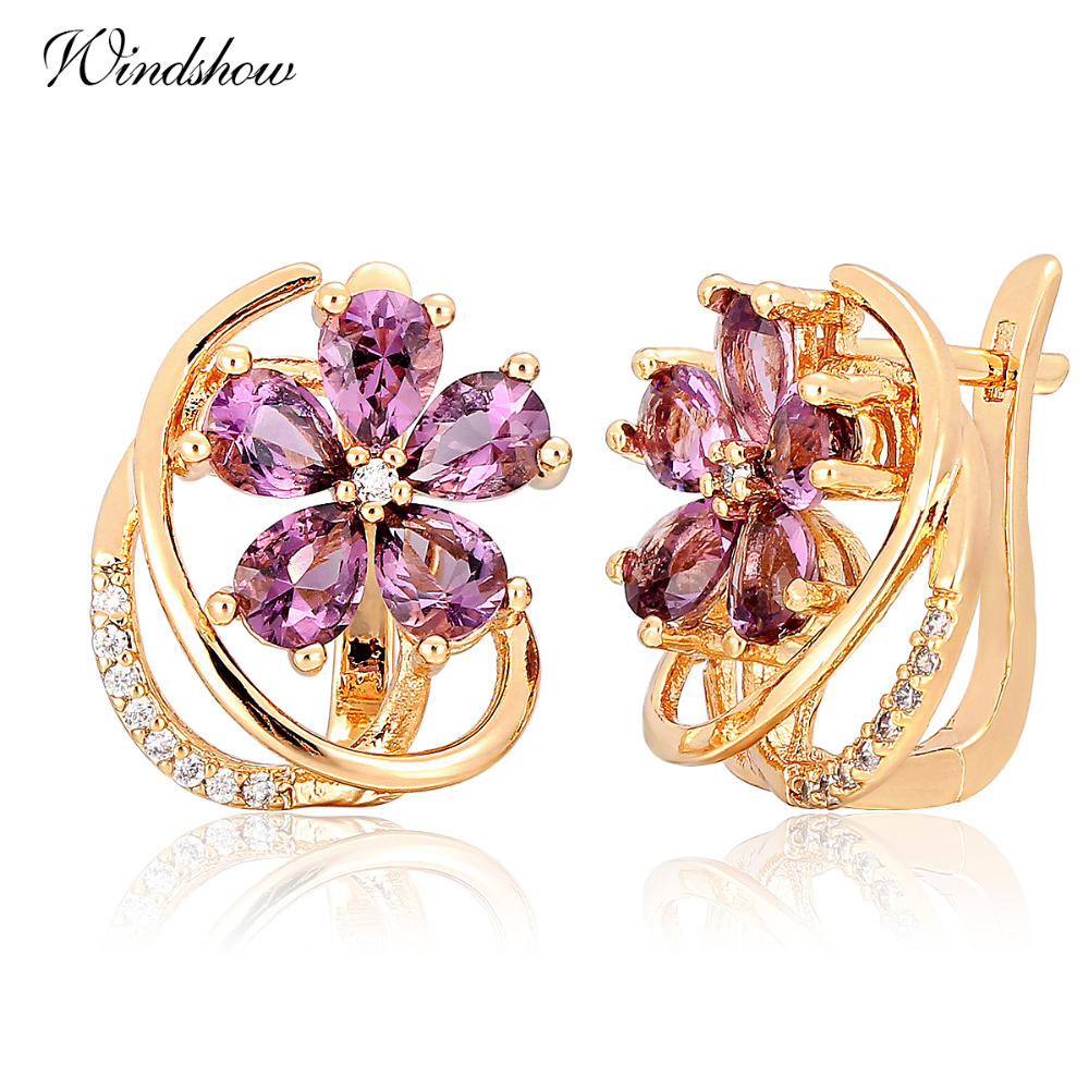 Five Petal Purple Flower Yellow Gold Color Huggies Hoop Earrings for Women Jewelry bijoux Aros pendientes oorbellen orecchini