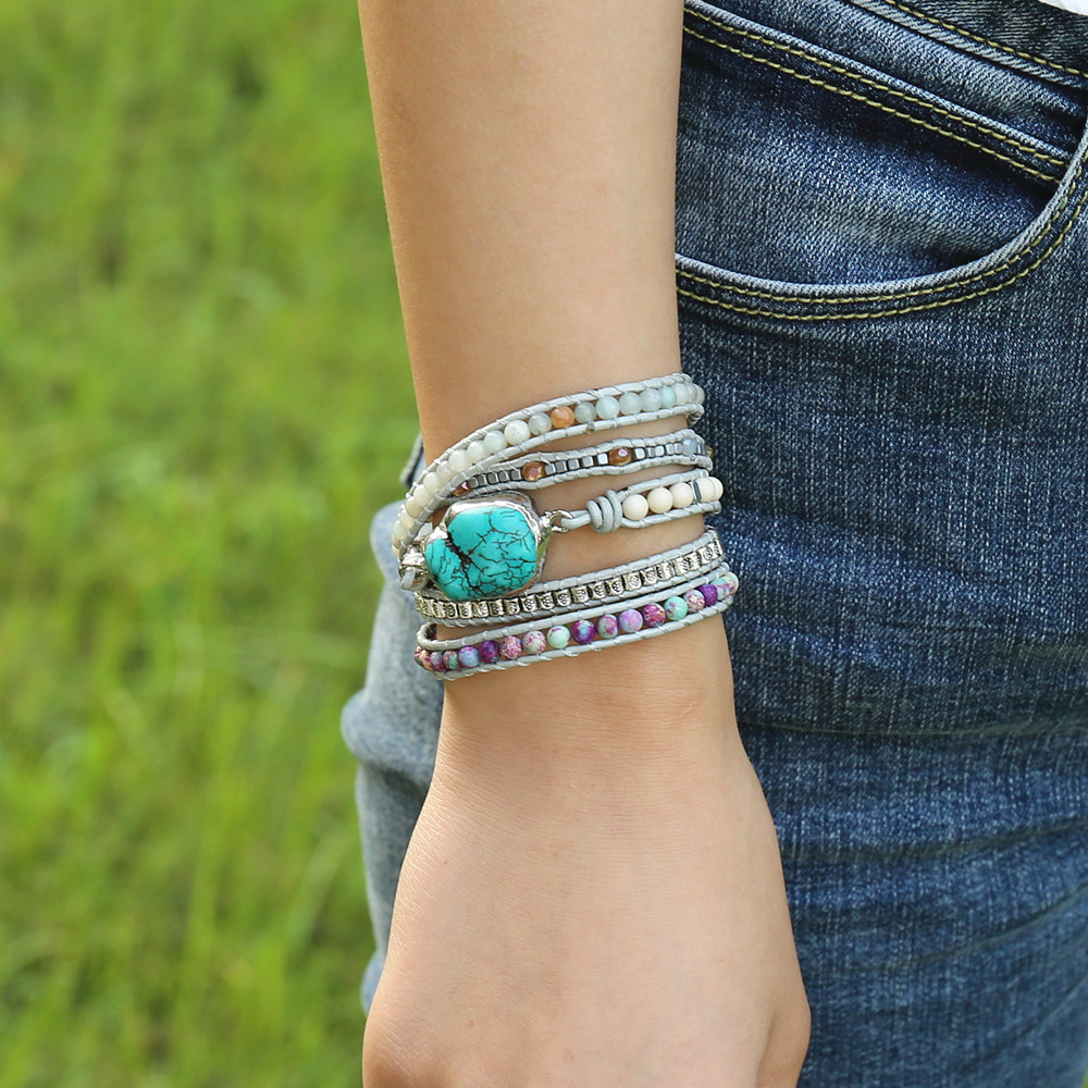 Women DIY Handmade Jewelry 5 Strand Mix Beads String Braided Bracelet Natural Amazonite Stone Bohemia Leather Wrap Bracelet