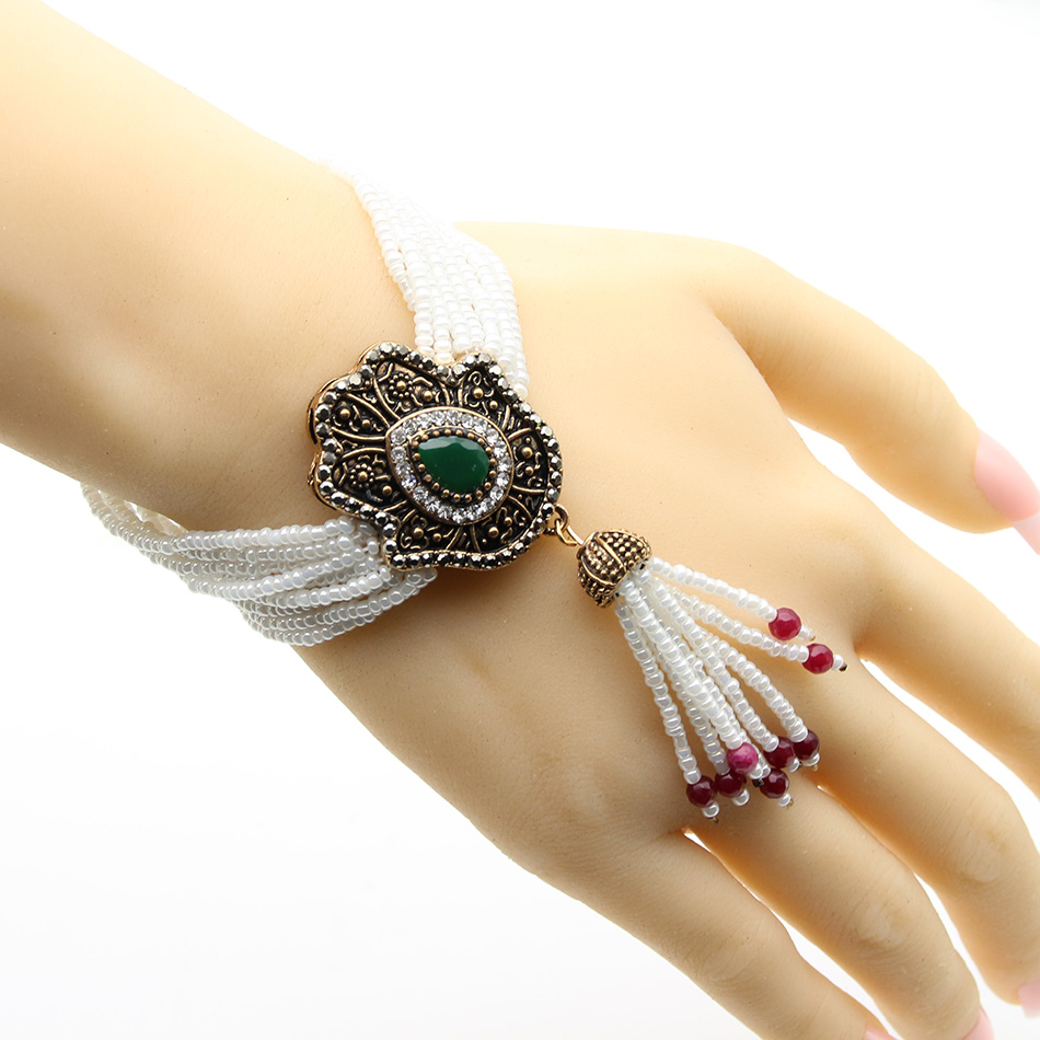 Vintage Beaded Bracelet Turkish Women Tulips Flower Resin Antique Gold Color Charm Bracelets Ethnic Jewelry Bridal Bijoux Gift