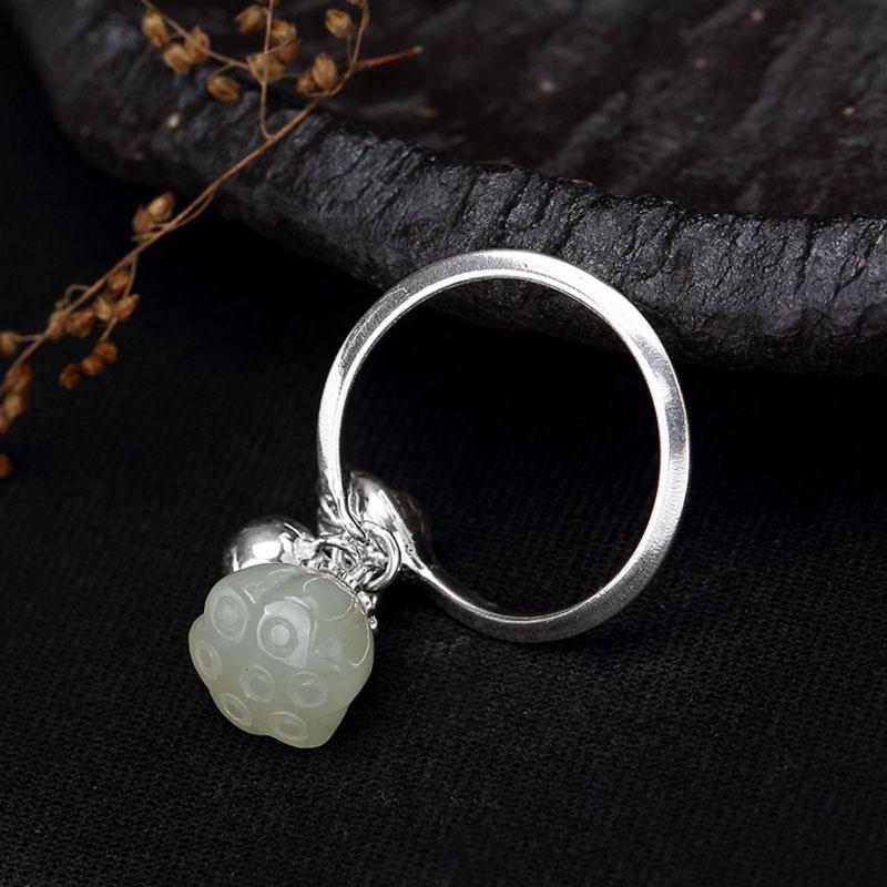 S925 Sterling Silver Jade Bell Ring Female Artistic Simple and Fresh Hotian Jade Pendant Silver Ring with Opening