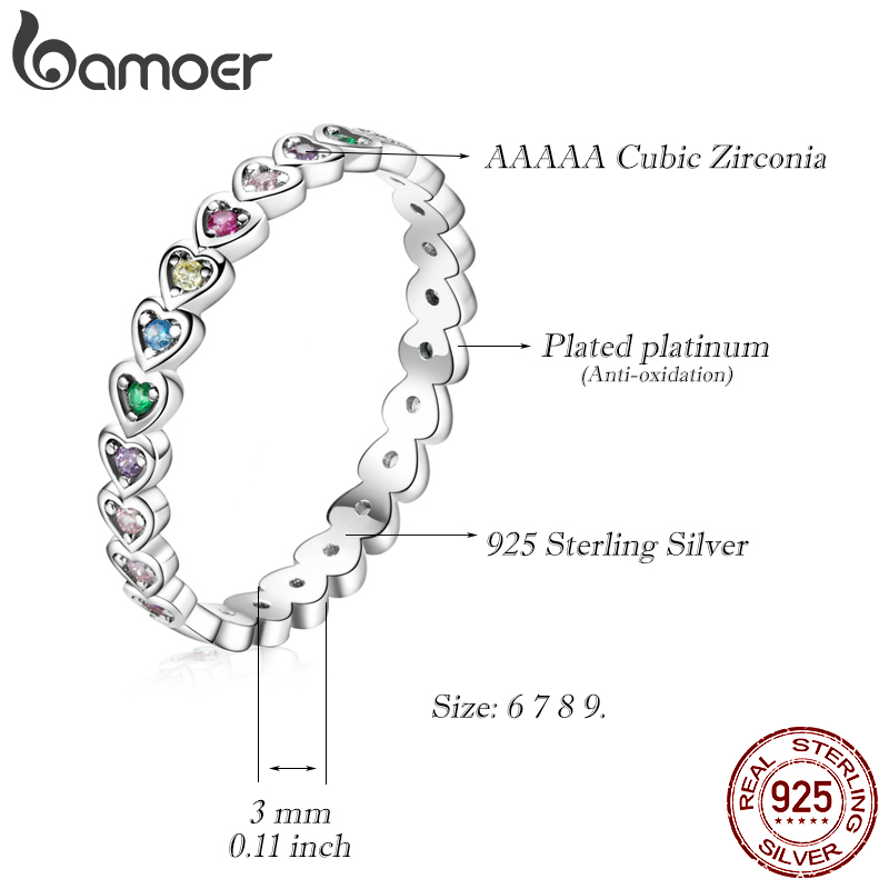 BAMOER Silver Rainbow Love Ring Crystal Heart 925 Sterling Silver Jewelry Enamel Colorful Stars Ring for Women Wedding Jewelry