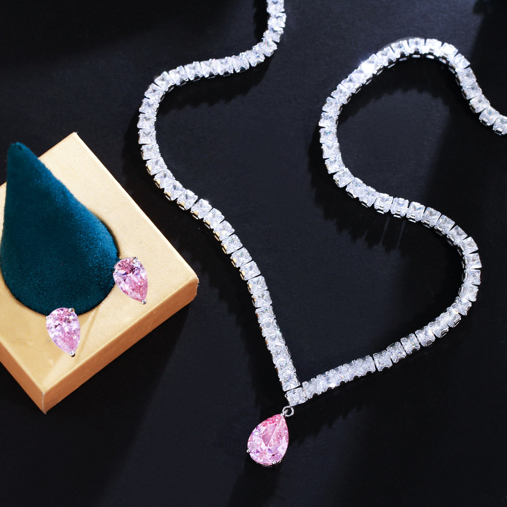Ins Choucong Top Sell Wedding Jewelry Sets Luxury Jewelry 18k White Gold Fill Water Drop Pink 5A Cubic Zircon Party Gorgeous Party Women Stud Earring 