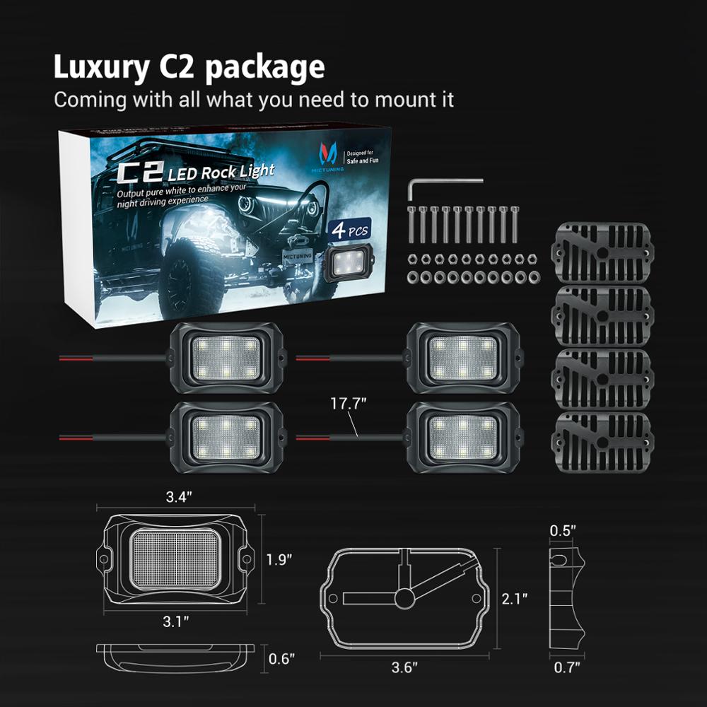 MICTUNING White C2 4 Pods LED Rock Light Pure LED Curved Underglow Lights Underbody Glow Lamp For Car Truck UTV SUV Offroad Boat