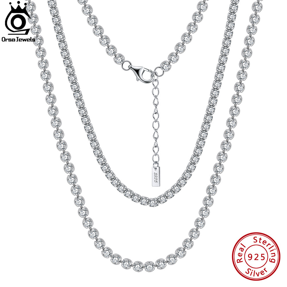 ORSA JEWELS Solid 925 Sterling Silver Women Men Tennis Choker Chain Round Cut Cubic Zirconia Tennis Chain Necklace Jewelry SC45