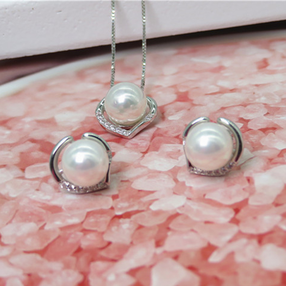 Pure 925 Sterling Silver Necklace+Earrings Set With 7mm Natural Freshwater Pearl Elegant Eternal Jewelry for Wedding