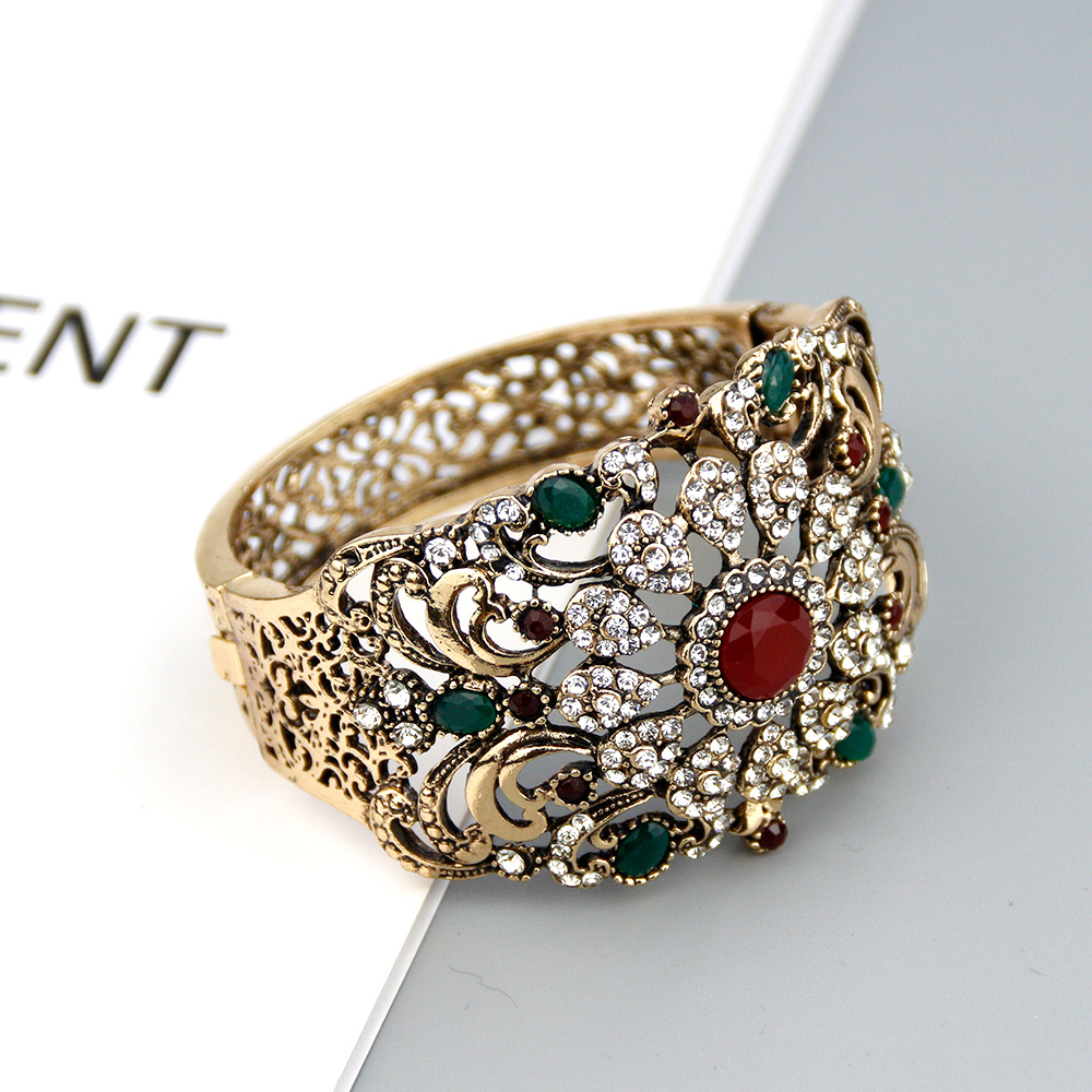 Sunspicems Vintage Indian Turkish Bangle Cuff Bracelet For Women Antique Gold Color Crystal Bohemia Algeria Wedding Jewelry