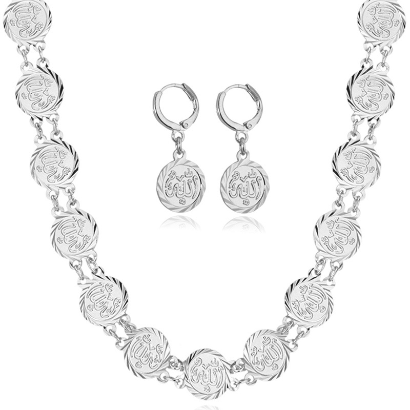 ChainsPro Allah Necklace Earrings Set Round Gold/Silver Color Earrings Necklace Allah Jewelry Sets S6095