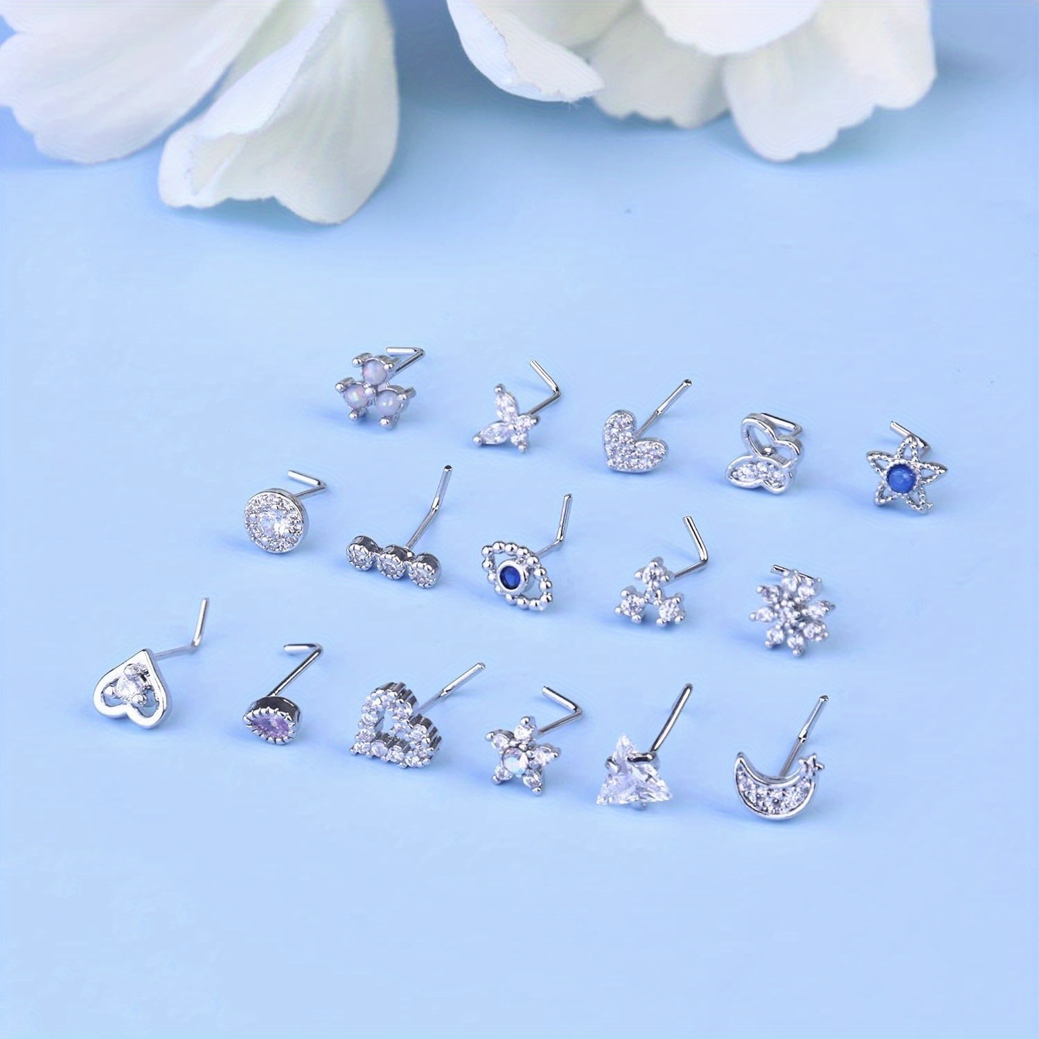 Drperfect 20G Nose Studs Surgical Steel L Shaped Nose Rings Studs for Women Opal CZ Heart Butterfly Nose Piercing Jewelry