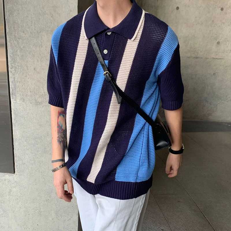 Men's Sweaters Y2K Mens Knit Polo Shirt Summer Short Slve Lapel Button Oversize Sweater Tops Fashion Striped Knitted Men Strtwear Jumpers Y240622