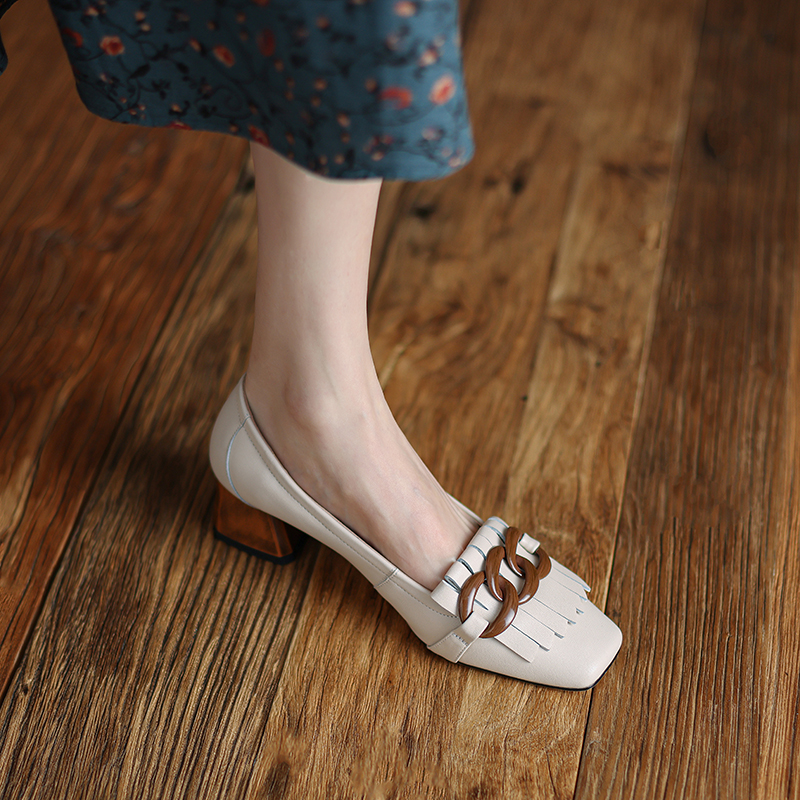 2024 New Spring Genuine Leather Pumps Square Toe High Women Shoes atos De Mujer Tassel Womens Heels 70ca