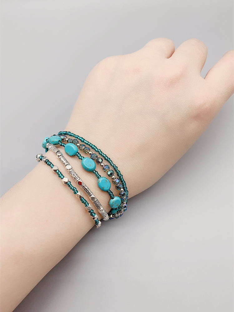 5 Strands Of 7*8mm Oval Turquoise Bracelet With 3*4mm Teal Crystals Antique Silver Beads Magnetic Clasp For Women Girls 7.5 Inch