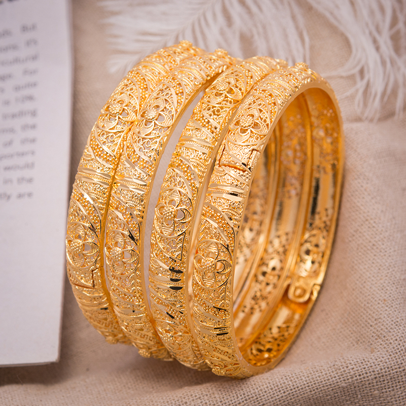 4Pcs/lot 24K Dubai Bangle Women Gold Color Jewelry Copper 18 k GF Dubai Bracelet for Women Africa Arab Items wedding bridal gift