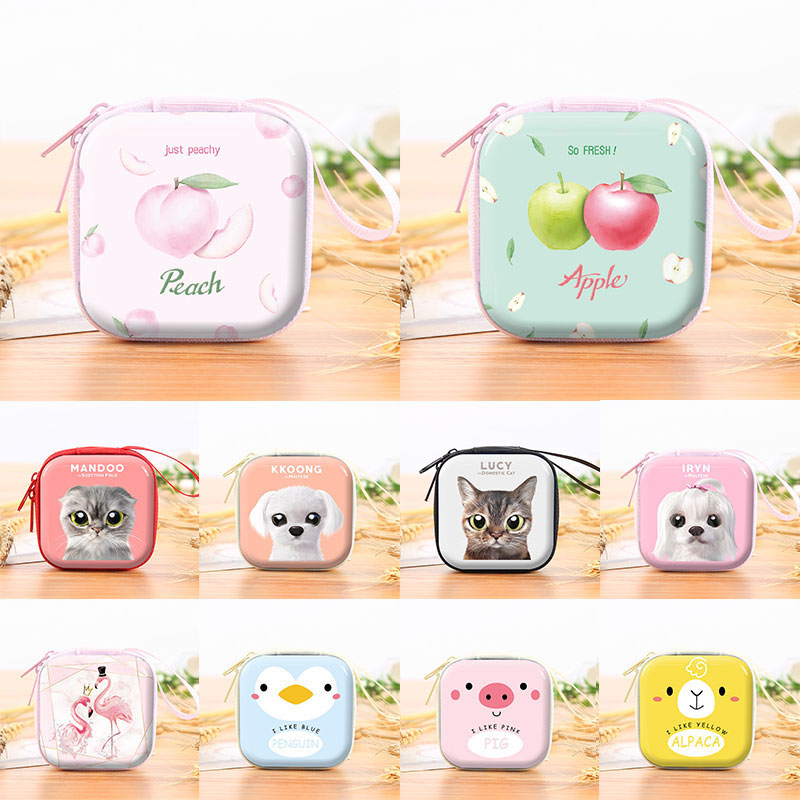 Key Case Tinplate Coin Purse Earphone Pocket Creative Storage Box Unisex Coin Purse Headphone Bag Zipper Cute Panda Cat Dog Duck
