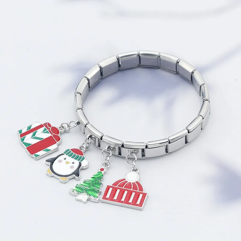 Hapiship Colour Glaze Santa Claus Christmas Tree Italian Links Charm Fit 9mm Bracelet Stainless Steel Jewelry DIY Making DJ462
