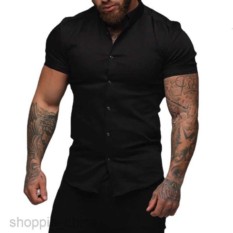Men's Casual Shirts Muscle men fitness short sleeve Lapel shirt elastic thin pure color sports leisure cardigan business iron shirt fashion tops
