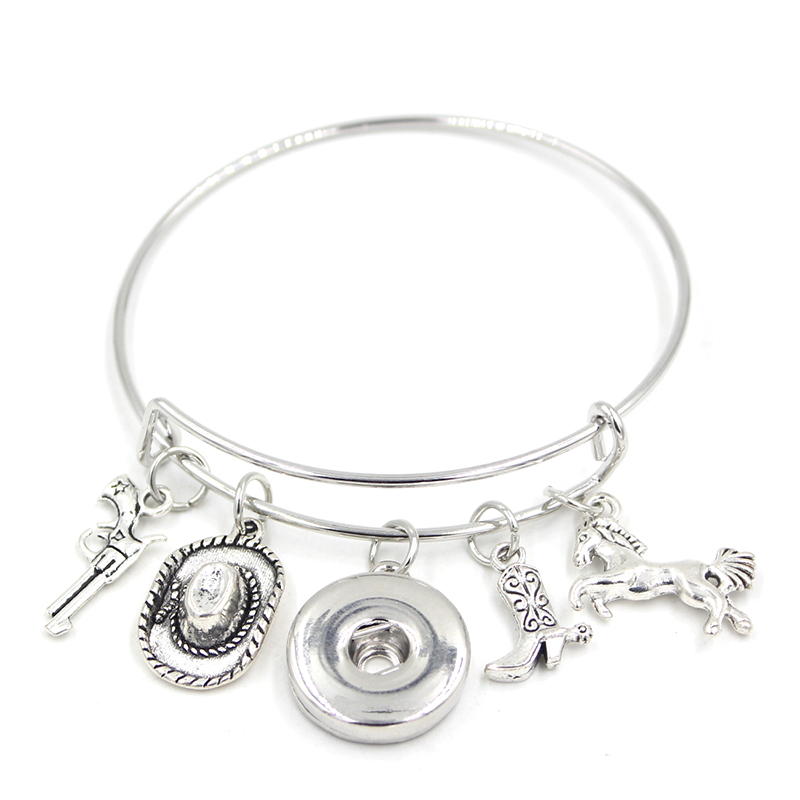 10pcs Western Cowboy Cowgirl Bracelets Wholesale Expandable Wire Bangle Equestrian Horse Horseshoe Bracelet 18mm Snap Jewelry