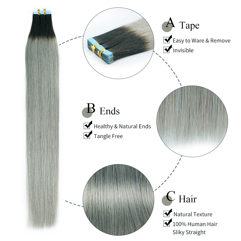 Veravicky Ombre T1B-Grey Color Tape in Hair Extensions 50G 20pcs 100% Real Remy Human Hair Black Rooted to Grey 14 to 24inch