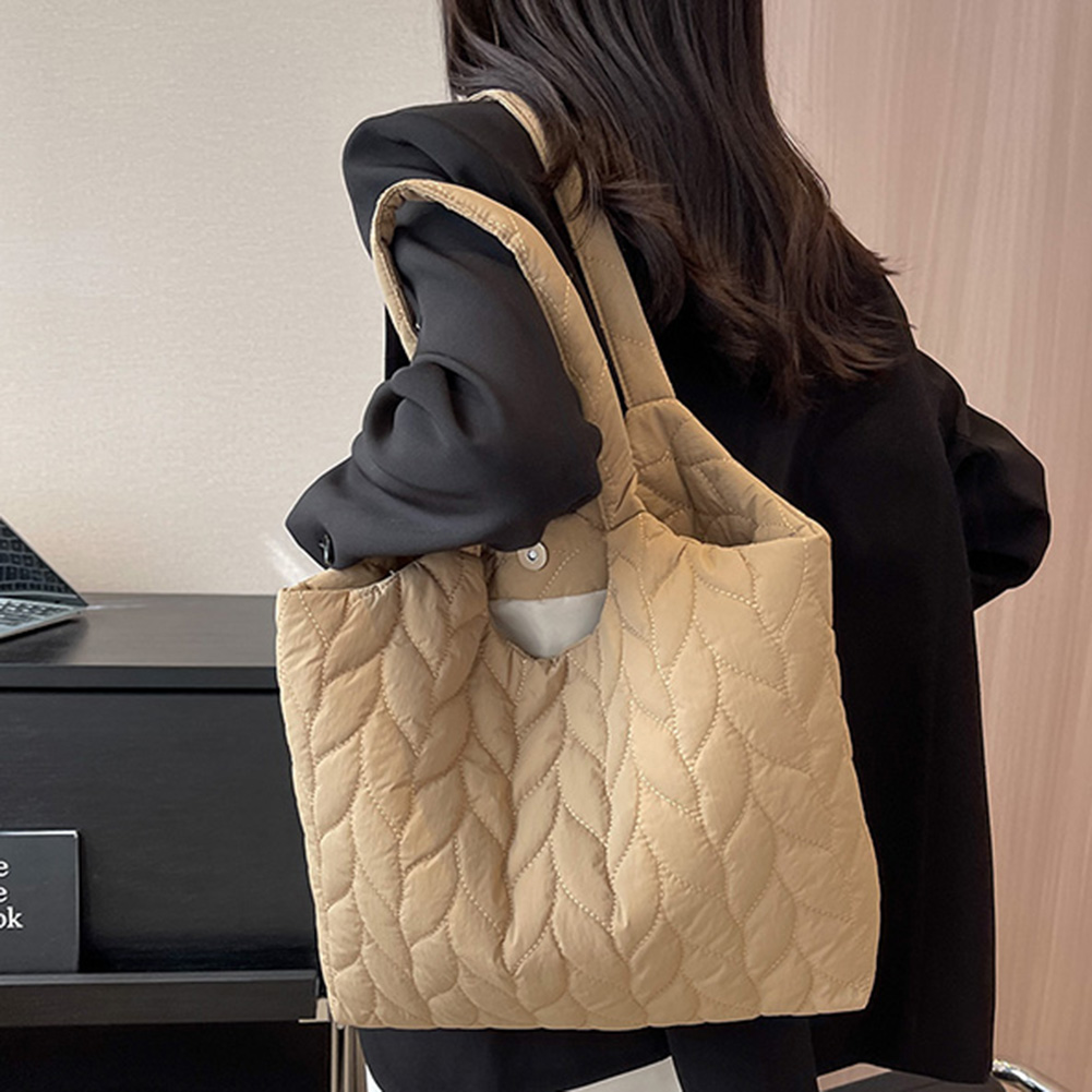 Autumn&Winter Women Puffy Padded Shoulder Bag Large Capacity New Handbag Solid Quilted Tote Bag Embroidered Thread Shopper Bag