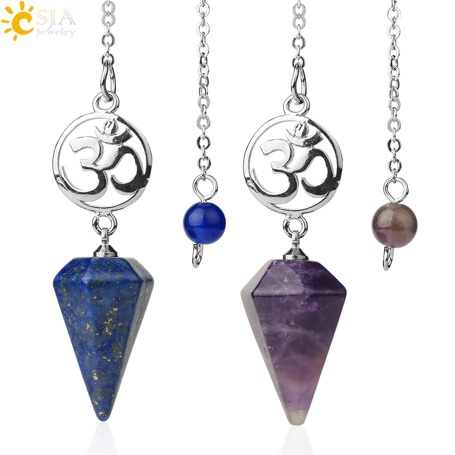 CSJA Natural Stone Crystal Pendulum for Dowsing Spiritual Pendulums Esoteric Healing OM Hexagonal Pointed Pendant Pendulos G720