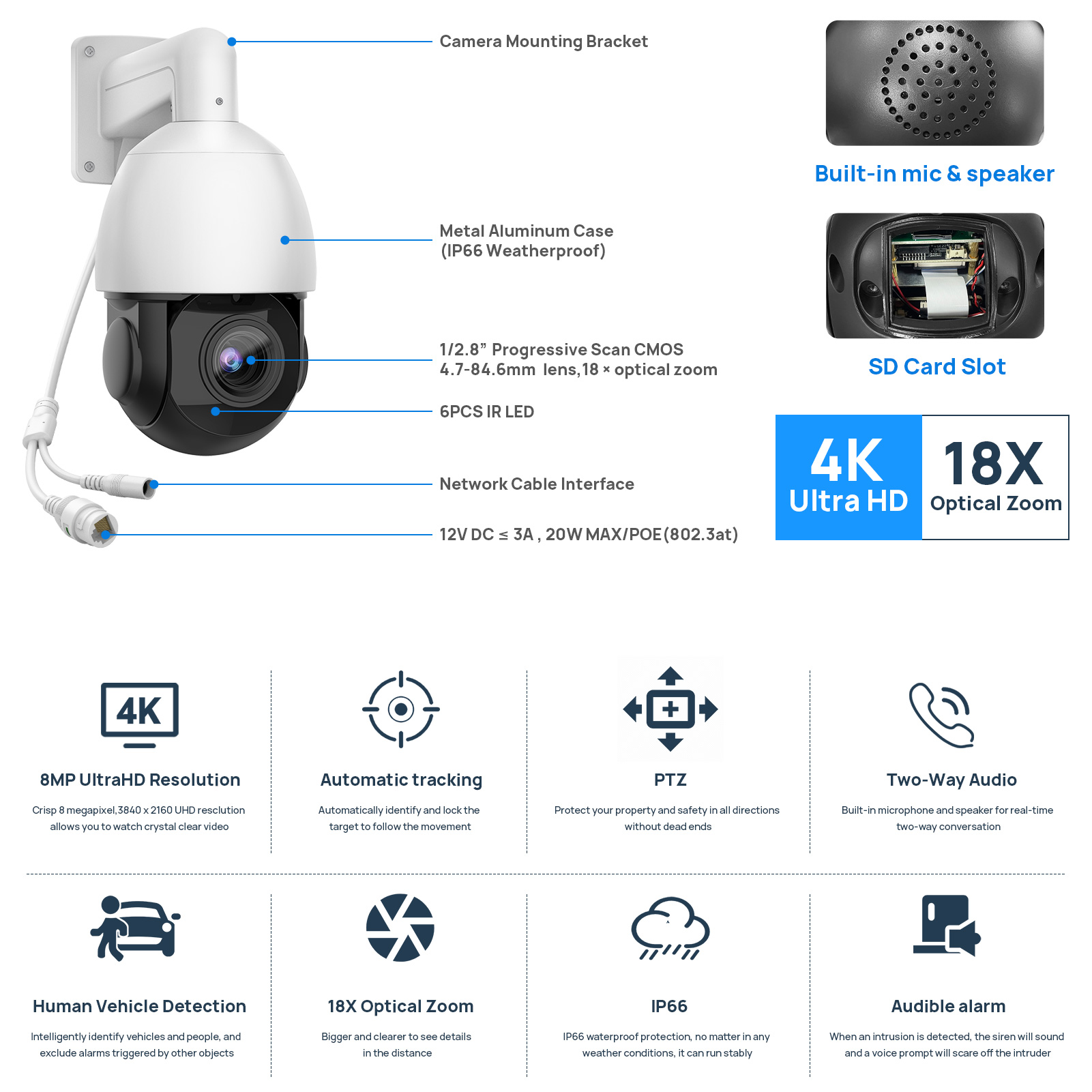HIK Compatible 8MP 18X PTZ 5MP Speed Dome IP Camera Two-way Audio PoE Security CCTV Camera Outdoor IR Surveillance Camer