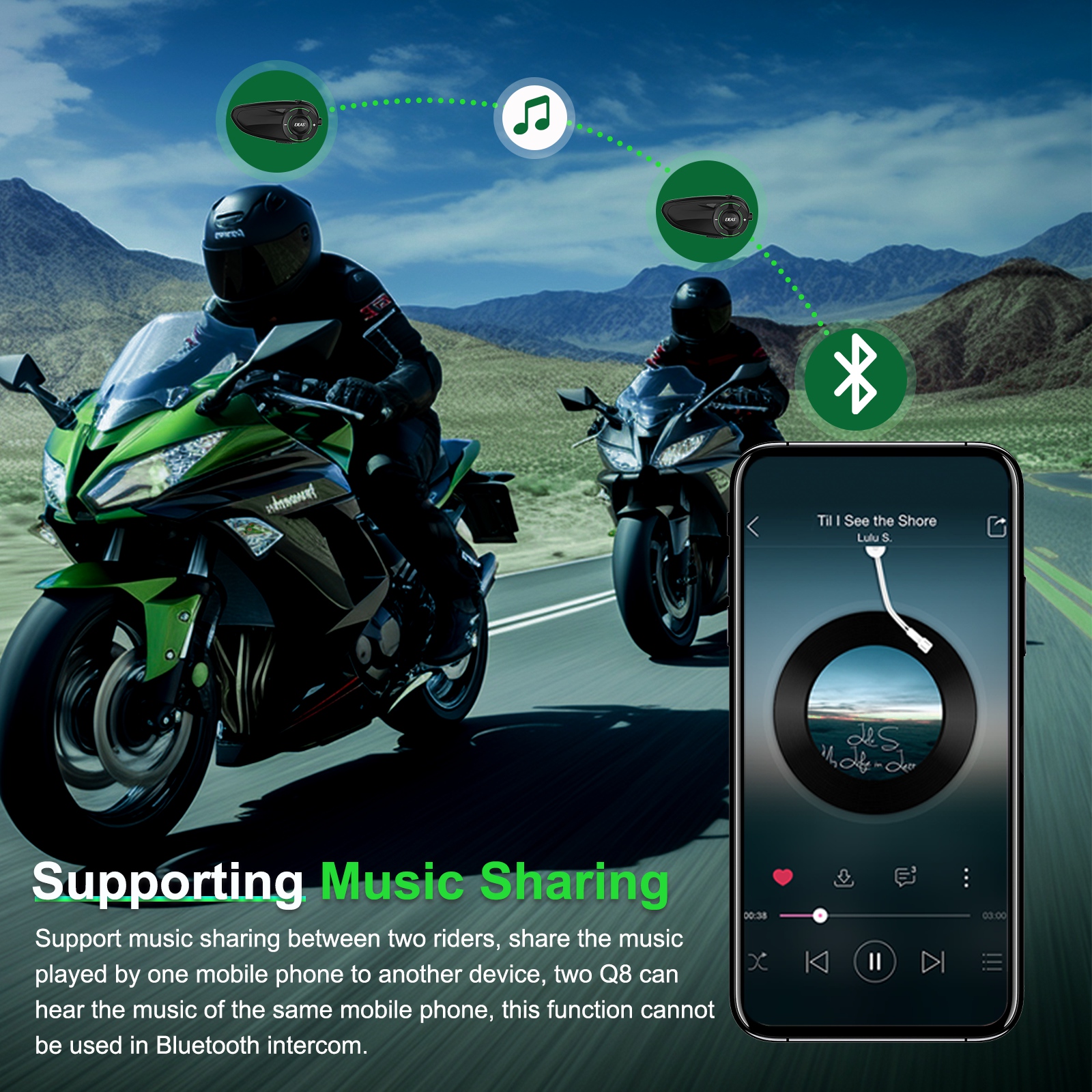 EJEAS Q8 Motorcycle Helmet Headset Intercom Type-C Charging Interface Adopts New Mesh3.0 Technology To Support Channel Switching