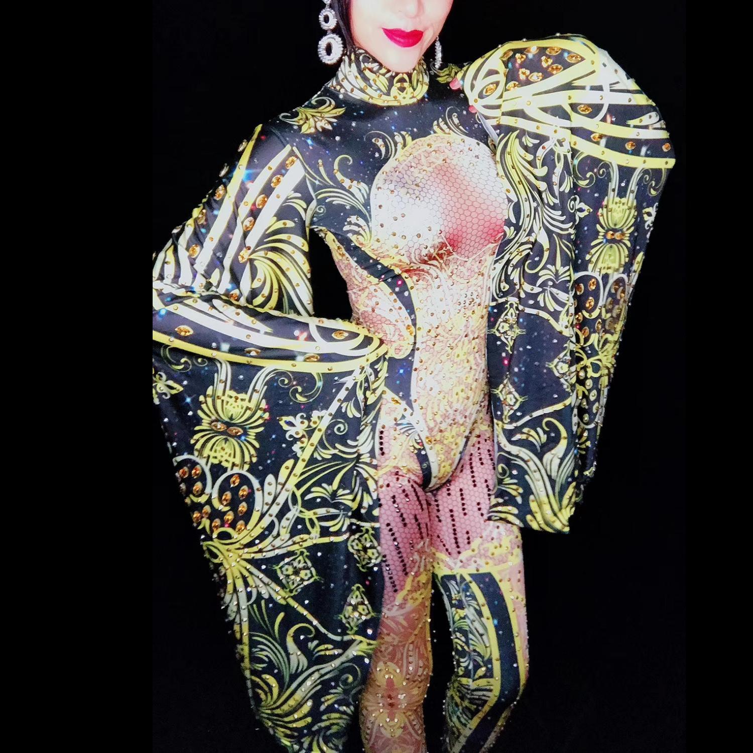 Gold Rhinestones Jumpsuit Women Sexy Leotard Big Sleeve Stage Costumes Singer Performance Outfits Dancer Rompers 2024 Nvhuang