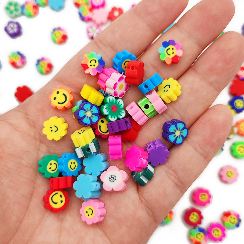 50pcs Mix Color Flower Smile Polymer Clay Bead Spacer Loose Beads For Jewelry Making DIY Bohemian Bracelet Necklace Accessories