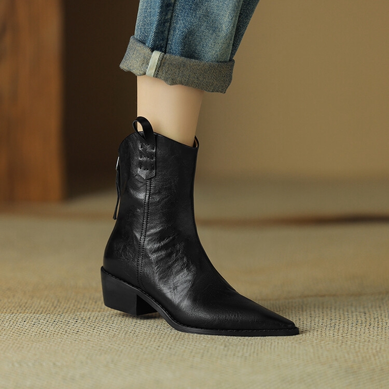 NEW Autumn Split Leather Shoes For Pointed Toe Chunky Heel Women Winter Short Western Cowboy Boots