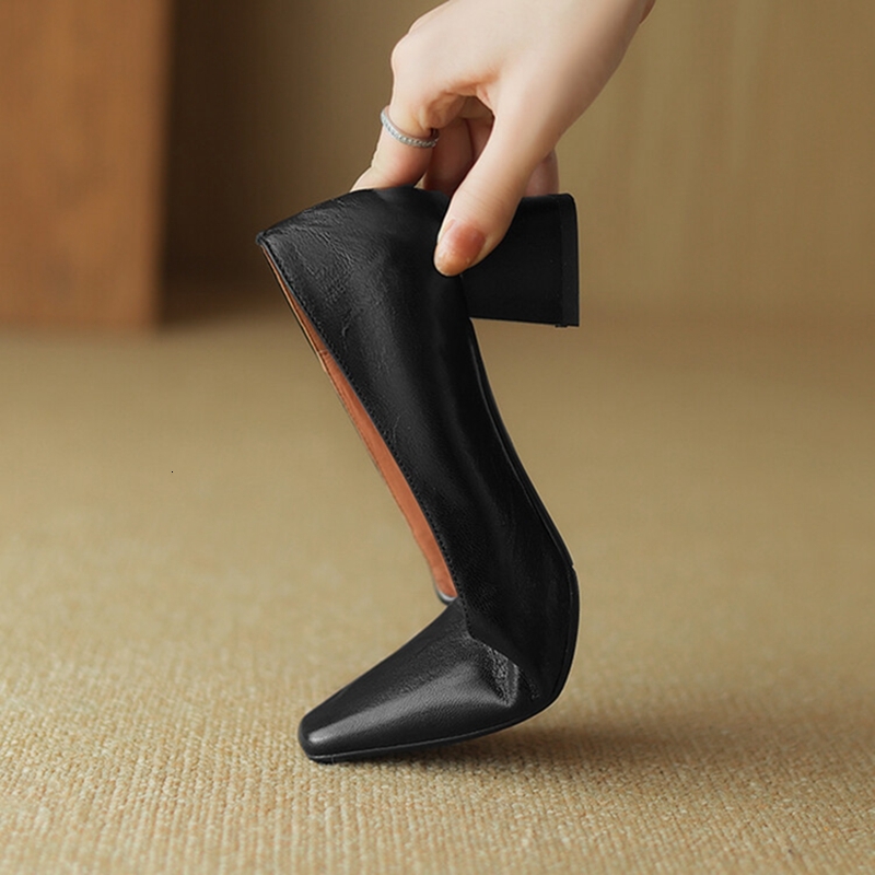 NEW Spring/Autumn Pumps Genuine Leather For Square Toe Chunky Heel Women Elegant Mid-Heel Office Shoes