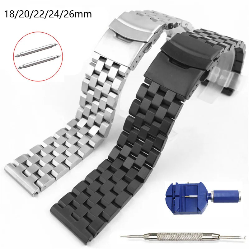 18mm 20mm 22mm 24mm 26mm Stainless Steel Watch Band Silver Black Metal Watch Strap Women Men Wrist Bracelet Watchband with Tool 240624