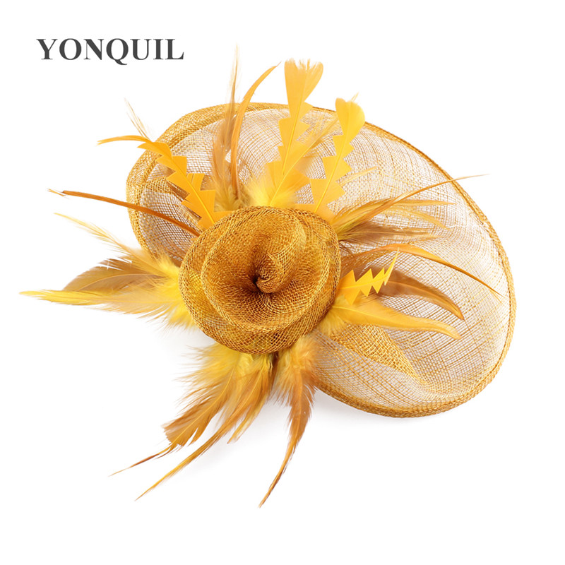 Gold Millinery Cocktail Sinamay Fascinators Feather Flowers Bridal Hair Accessories Party Hats Wedding Hat High Quality SYF470