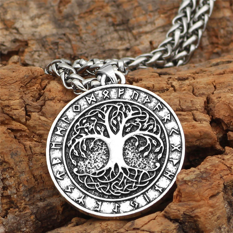 Nordic Vintage Tree of Life Round Pendant Viking Rune Necklace Antique Bronze Silver Color Men Women Jewelry Gifts Dropshipping