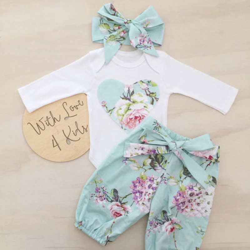 Newborn Baby Girl Clothes Set Kid Girls Floral Long Sleeve Rompers and Long Print Pants 3pcs Outfits Baby Clothing