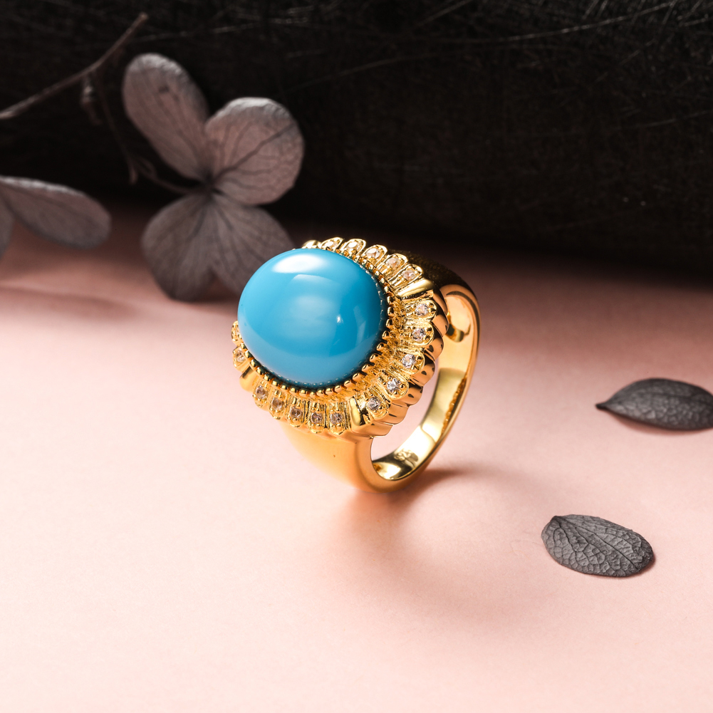 GZ ZONGFA Genuine 925 Sterling Silver Ring for Women 8.5 Carats Turquoise Shining Blue Gemstone Vintage Party Gift Fine Jewelry