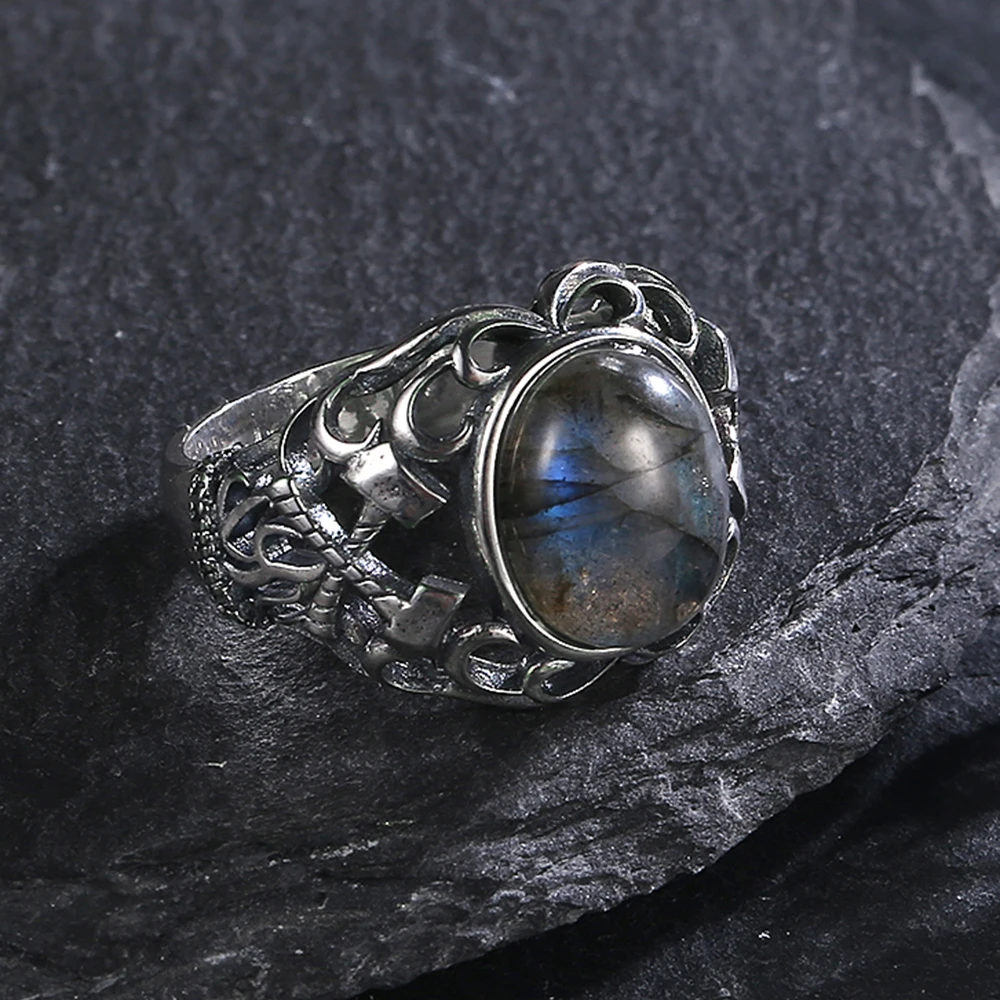 10*12mm Natural Labradorite Moonlight Silver Rings Lapis Lazuli Turquoise Ring Axe Hollow Design Jewelry for Women