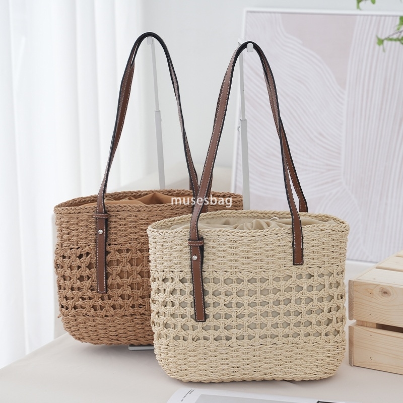 Elegant and stylish women high-end handbag straw woven bag beach bag handcrafted woven practical high-capacity cotton thread vegetable basket travel a