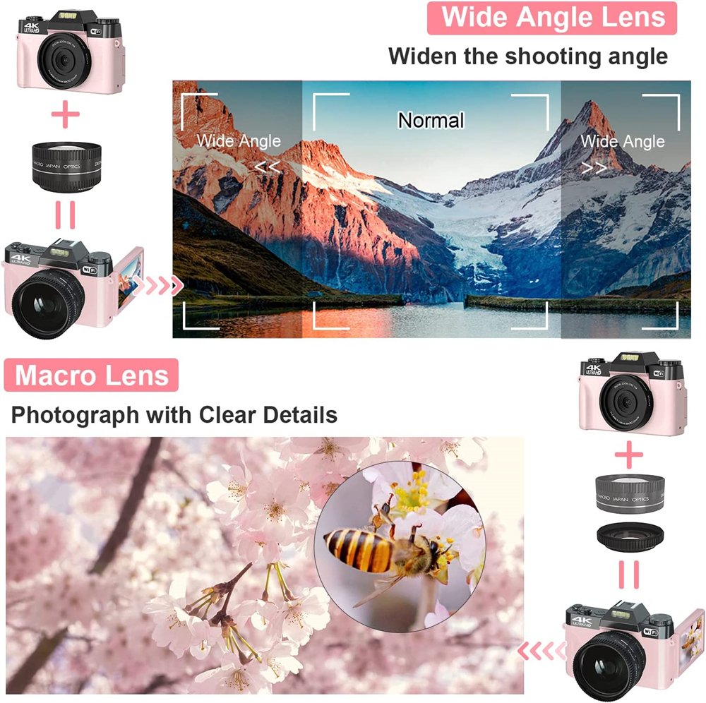 4K HD Pink Color Female Camera Digital Camera Flip Screen Vlog Selfie Camcorder Youtube Livestream WIFI Webcam Macro Photography