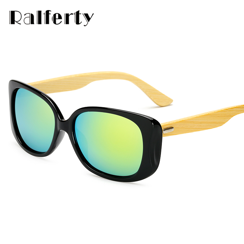 Ralferty Nature Bamboo Sunglasses Women Square Sunglass Female UV400 Shades Wooden Mirrored Sun Glasses Black Sunnies Lady K1533