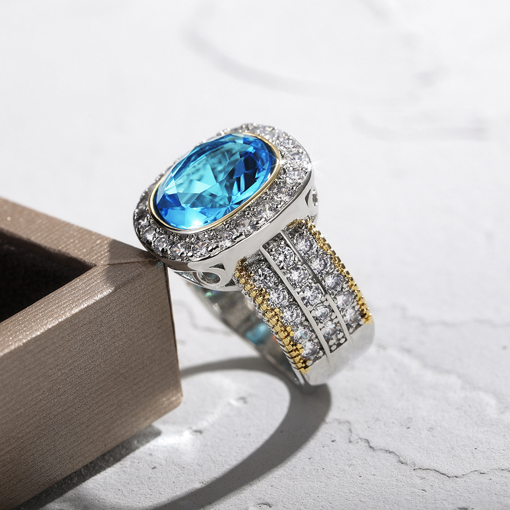Gorgeous Stunning Wedding Rings Luxury Jewelry Elegant Sterling Silver Gold Fill Large Aquamarine CZ Diamond Party Eternity Women Bridal Ring Gift