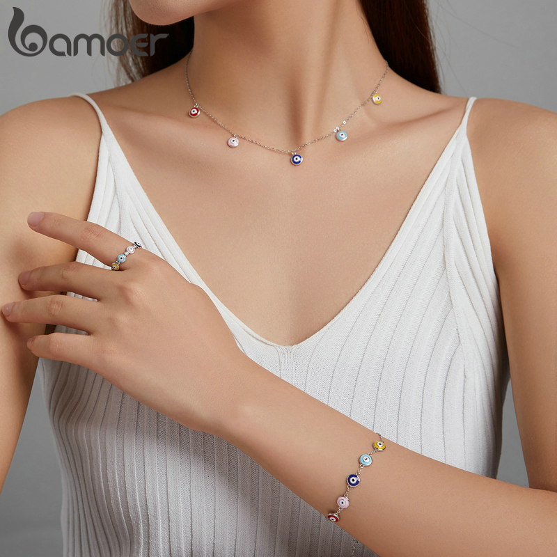 BAMOER Authentic 925 Sterling Silver Guardian Eye Bracelet Multiple Devil Eyes Bead Necklace Chain for Women Fine Jewelry SCB218