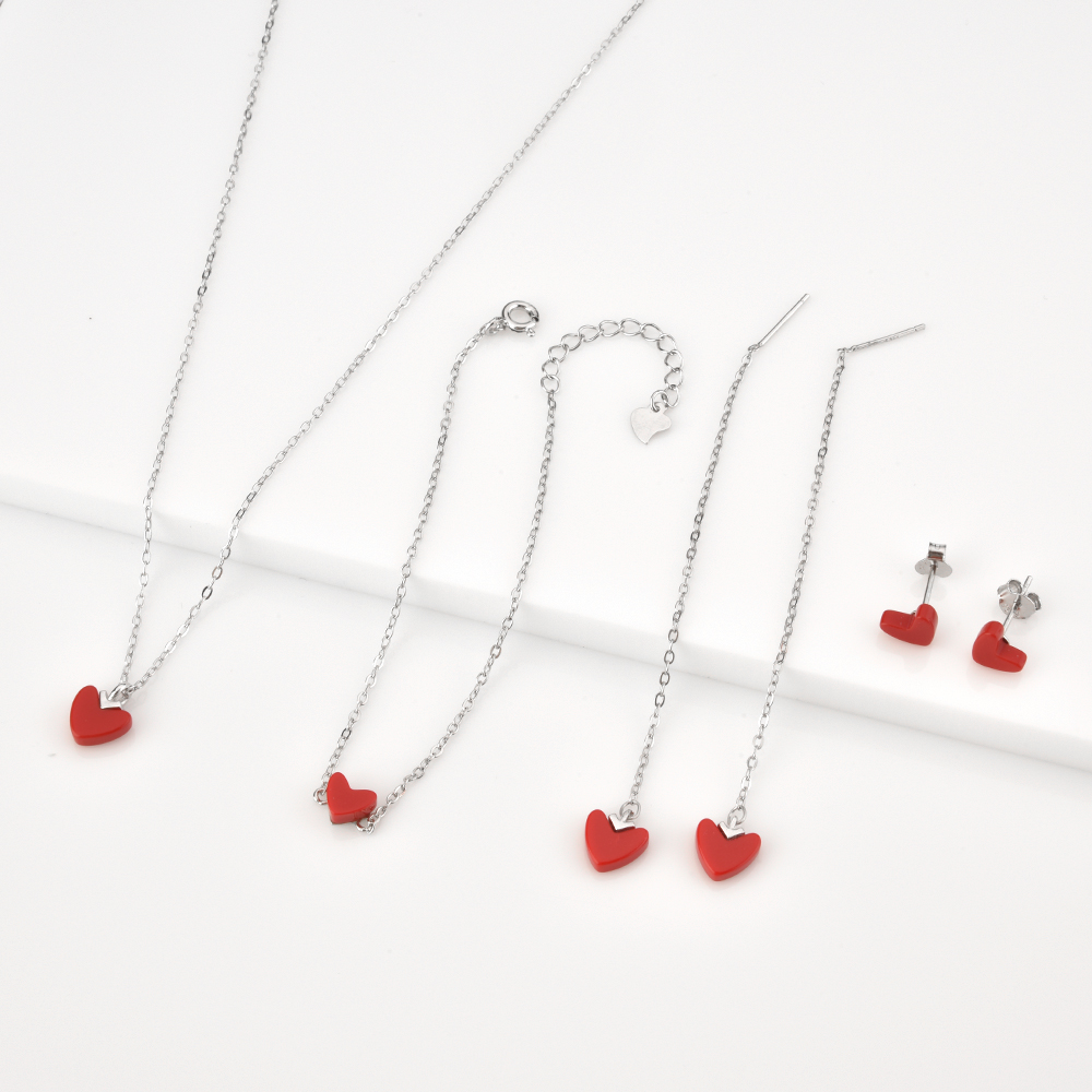 ANDYWEN 925 Sterling Silver Gold Red Heart Love Stud Earring Drop Piercing Hoops Bracelet Choker Chain Necklace Jewelry Set Gift