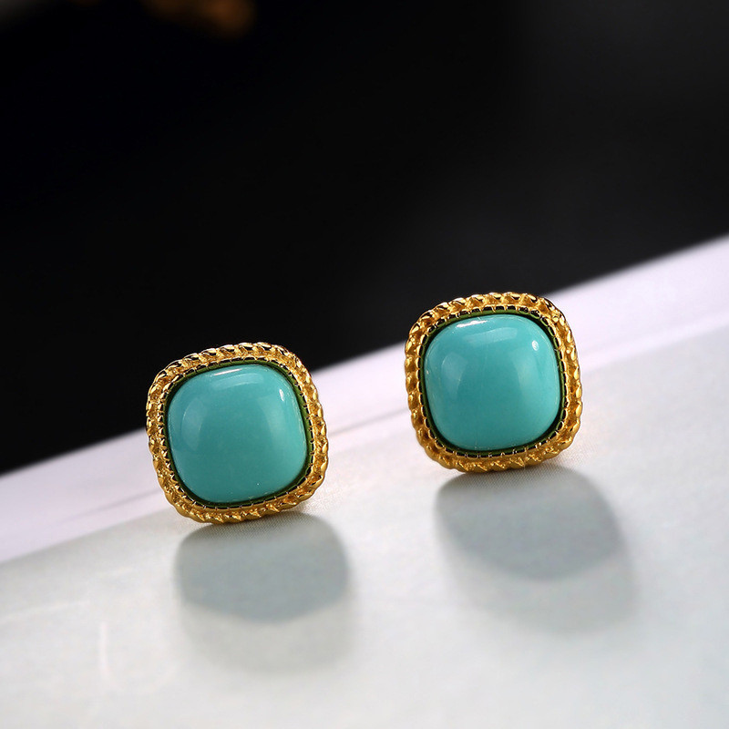 24k Gold Filled Square Turquoise Gemstones Vintage Stud Earrings for Women Classical Jewelry Trendy Accessories Concise Brincos