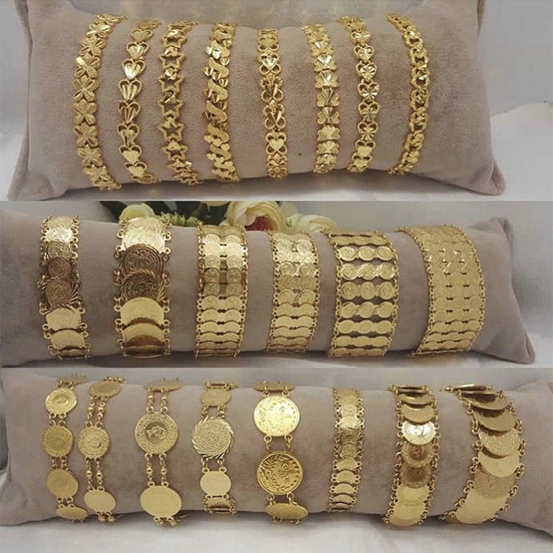 Herseygold Copper Bracelet Turkish Middle East Jewelry Arab Coins Gold Plated Chain Bracelet Mulism Bridal Bangle Bracelets