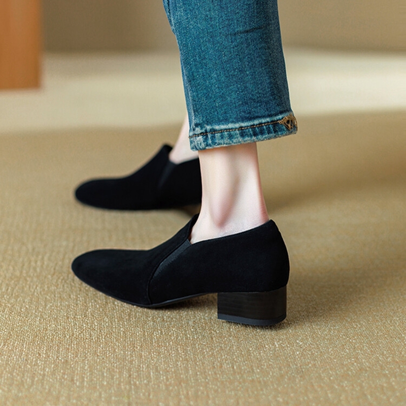 NEW Spring/Autumn Loafers Sheep Suede Leather For Square Toe Chunky Heel Soft Shoes Black Elegant Women Pumps