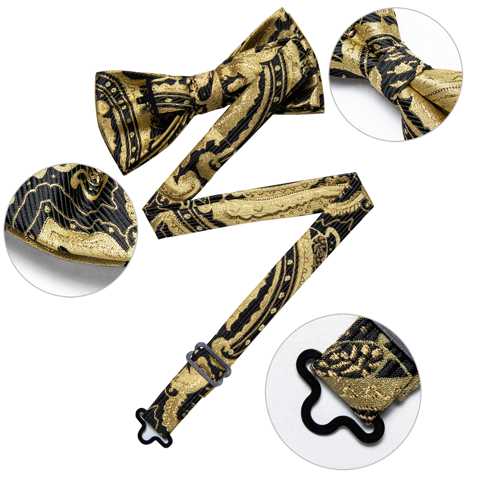 Men's Silk Bow Tie 3 PCS Set Silk Black Gold Floral Pre-tied Bow Tie Cufflinks Pocket Square Set for Wedding Party Man Cravate